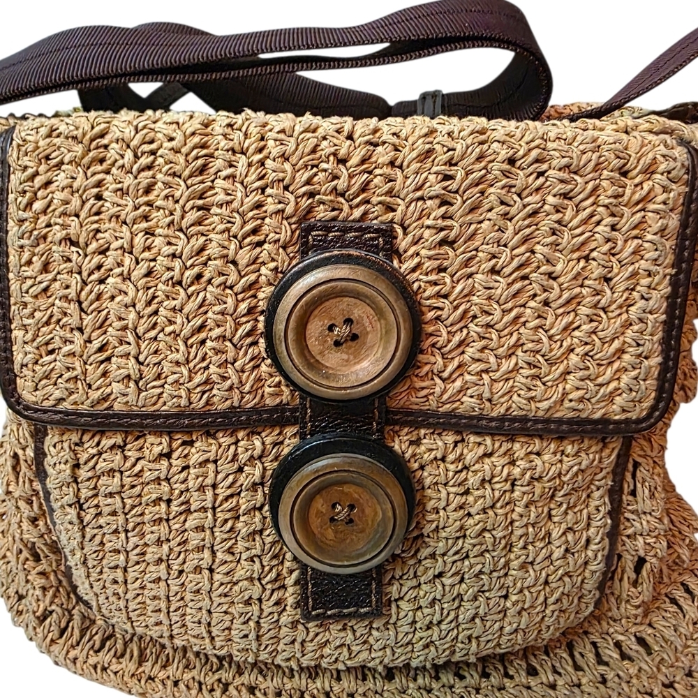 RARE Brighton Raffia Straw Crossbody Bag Boho Luxe Leather Heart Embossed Vintag - Picture 3 of 16